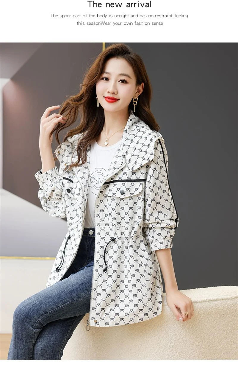 2024 Spring Autumn Korean High-grade Casual Hooded Windbreaker Women Loose Temperament Fashion Print Trench Coat Female Outcoat