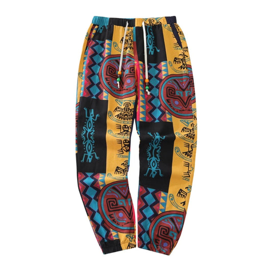 Men's Boho Tribal Print Stretch Linen Pants Cotton Blend Drawstring Light Weight Trousers with Pockets Summer Jogger Pants