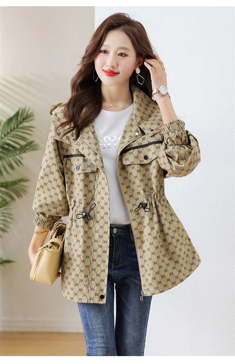 2024 Spring Autumn Korean High-grade Casual Hooded Windbreaker Women Loose Temperament Fashion Print Trench Coat Female Outcoat