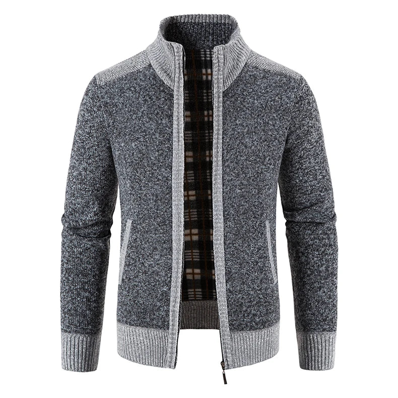 Autumn Winter Male Sweater Coat Knit Jumpers Fleece Warm Jacket Korean Mock Collar Patchworked Zip Windbreaker Men's Overcoat