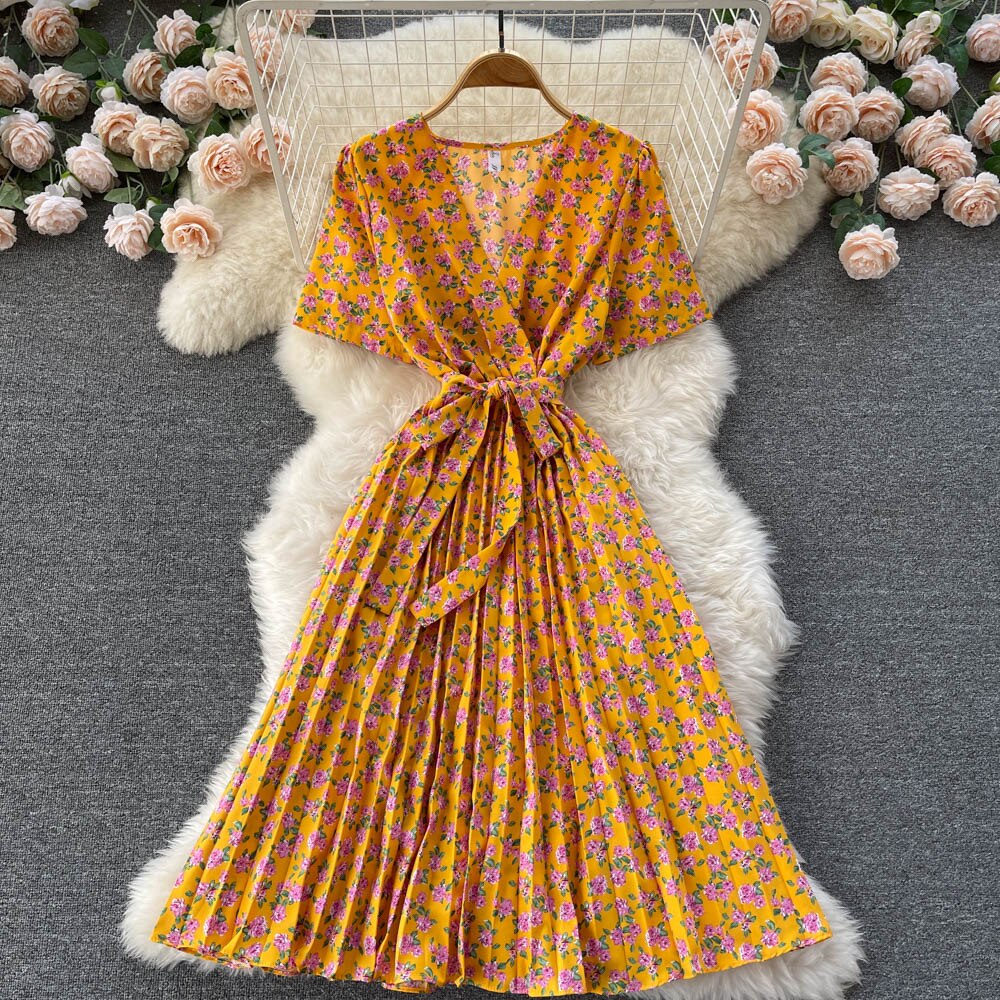 YuooMuoo Women Dress Fashion Romantic Floral Print Pleated Summer Dress with Belt Chic Korean Party Vestidos