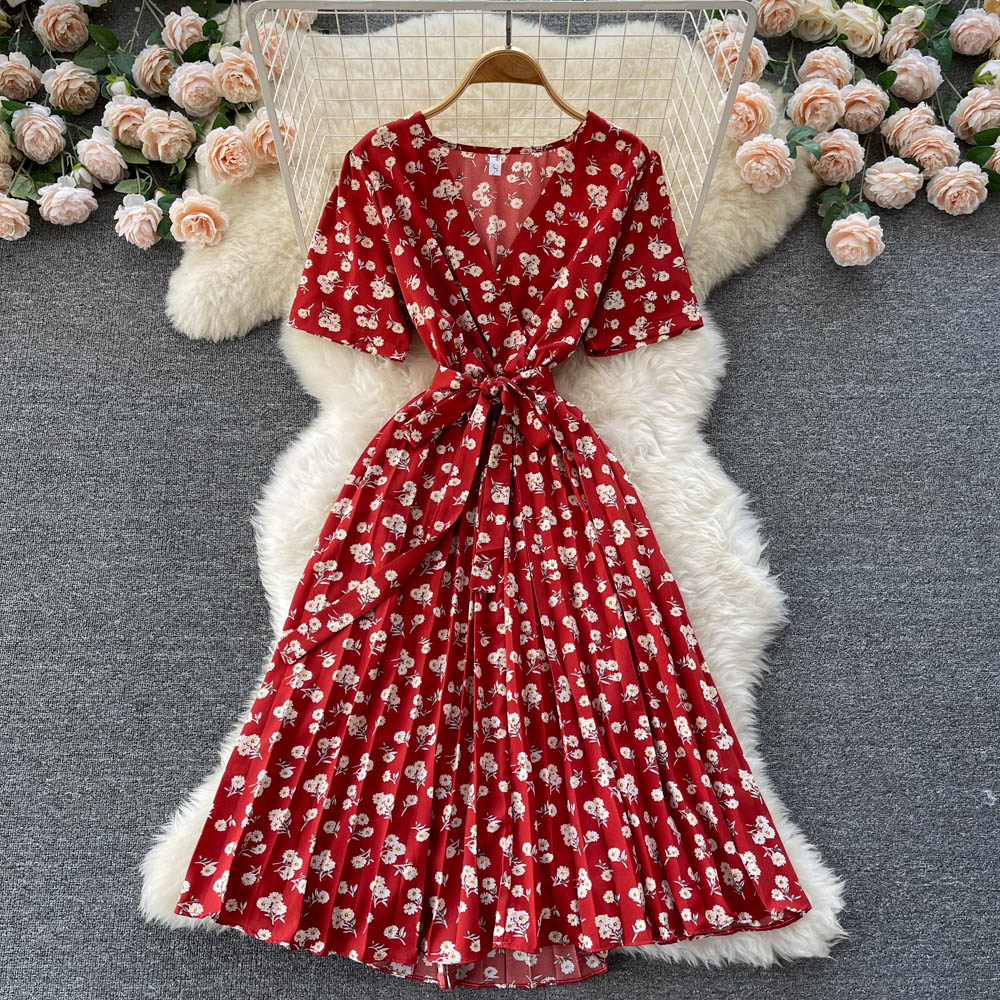 YuooMuoo Women Dress Fashion Romantic Floral Print Pleated Summer Dress with Belt Chic Korean Party Vestidos