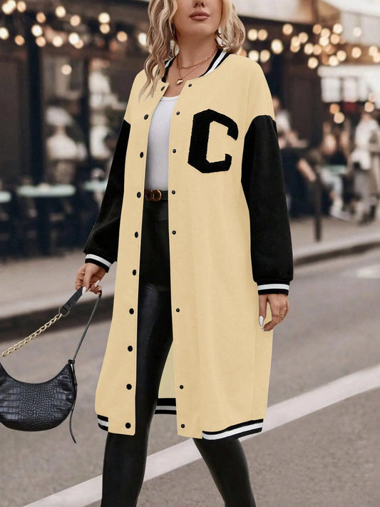 Plus Colorblock Letter Print Button Front Drop Shoulder Midi Varsity Jacket, Casual Contrast Binding Long Sleeve Baseball Collar