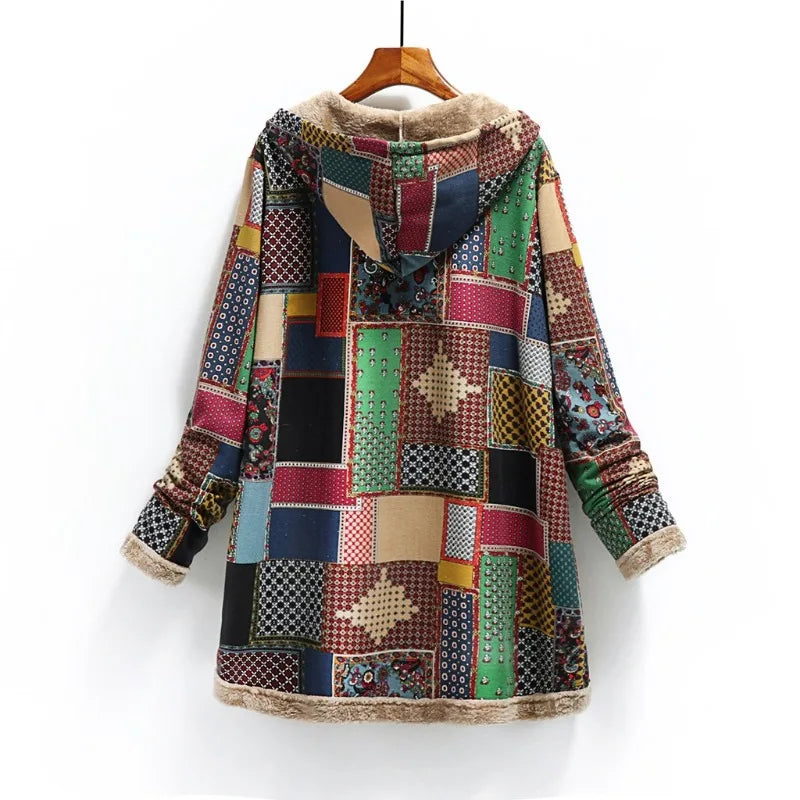 Winter Vintage Women Coat Warm Printing Thick Fleece Hooded Long Jacket with Pocket Outwear Loose Jackets