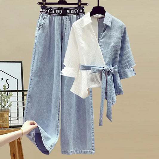 Summer New Stitched Chiffon Shirt Female Set Elegant Women's Jeans Casual Blouse Two Piece Set Ladies Tracksuits