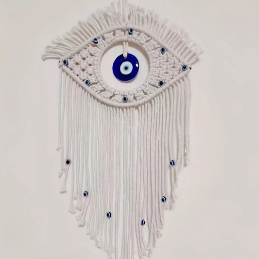 Bohemian Hand-woven Wall Hanging Tapestry with Evil Eye Pendant for Living Room Bedroom Hallway Study Room Decor Amulet Pendant