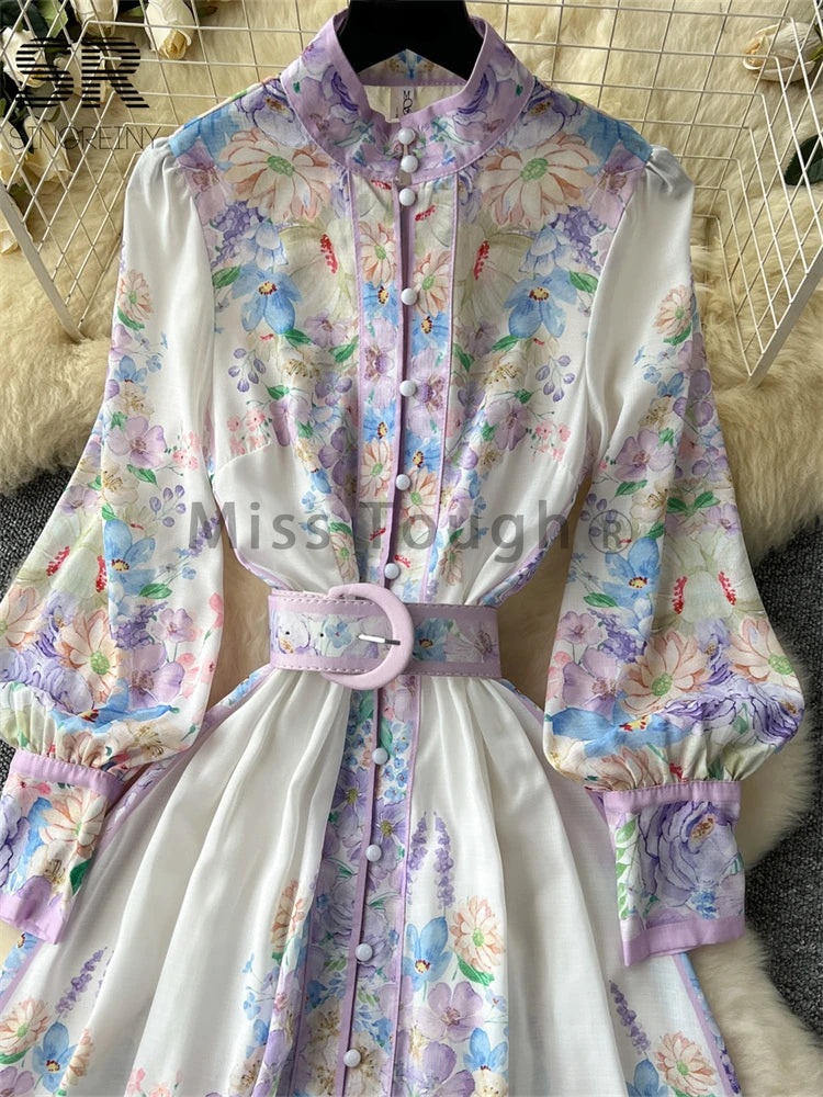 Frence Fashion Senior Elegant Floral Print Dress Women Long Sleeve Button Belt Design Dressess Slim Fit Vintage Chic Style 2024