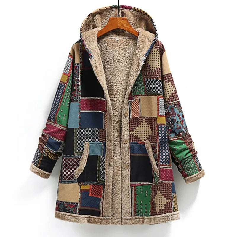 Winter Vintage Women Coat Warm Printing Thick Fleece Hooded Long Jacket with Pocket Outwear Loose Jackets