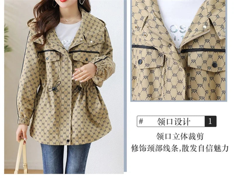 2024 Spring Autumn Korean High-grade Casual Hooded Windbreaker Women Loose Temperament Fashion Print Trench Coat Female Outcoat