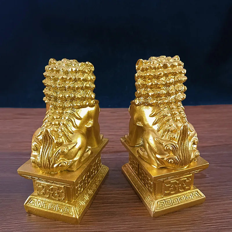 2Pcs Gold Fu Foo Dogs Lions Statues Feng Shui Man-made Jade Stone Buddha Dragon Sculpture Figurines Statue Home Decoration
