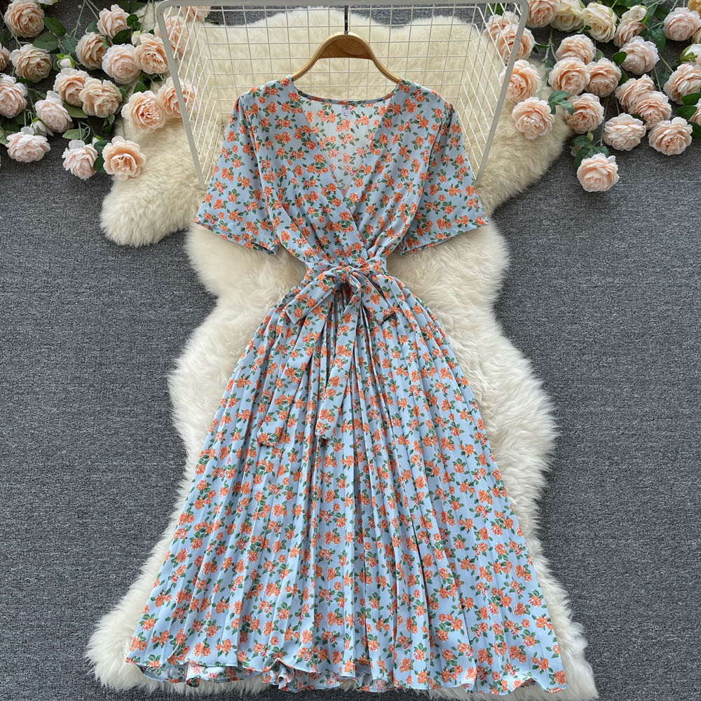 YuooMuoo Women Dress Fashion Romantic Floral Print Pleated Summer Dress with Belt Chic Korean Party Vestidos