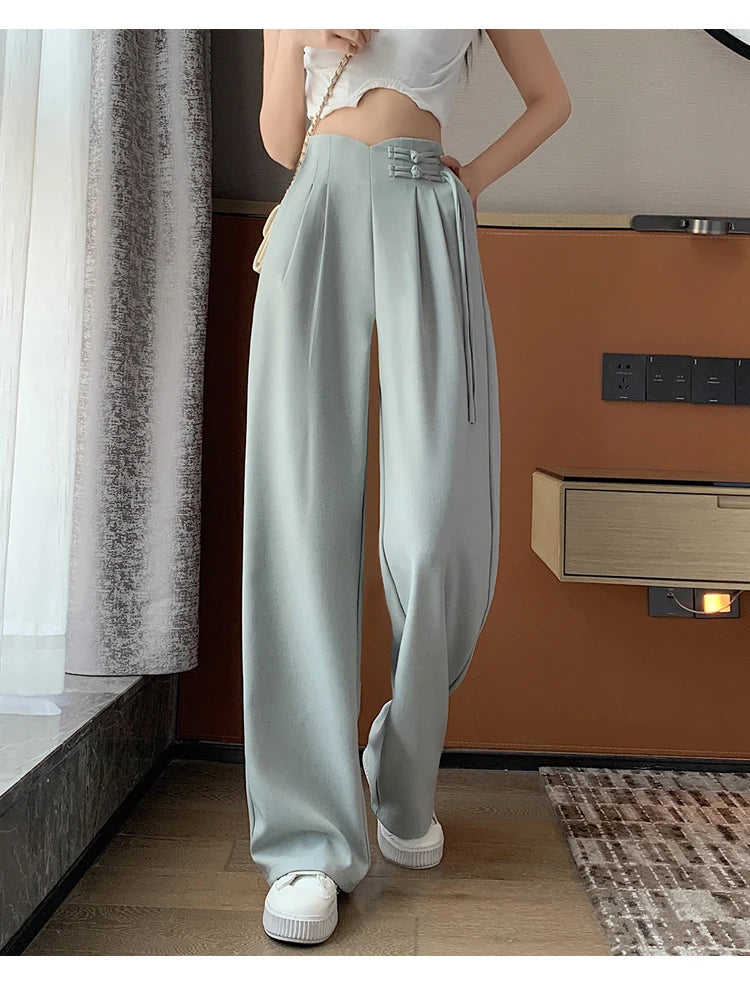 New Linen High Waist Suit Wide Leg Women's Full Pants Spring Summer Female Elegant Minimalism Straight Loose Trousers