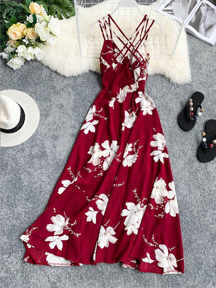 Fitaylor Summer Women Floral Print Long Dress Sexy V-neck Backless Dress Female Elegant Bohemian Party Dress