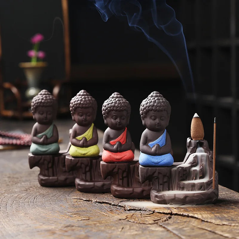 1pc Ceramic Waterfall Incense Burner Cute Monk Backflow Incense Burner Bodhisattva Buddha Burner Home Decor (Without Incense)