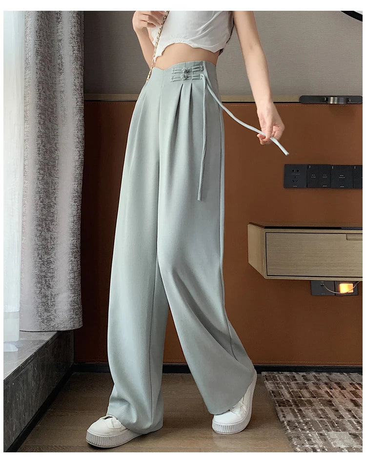 New Linen High Waist Suit Wide Leg Women's Full Pants Spring Summer Female Elegant Minimalism Straight Loose Trousers