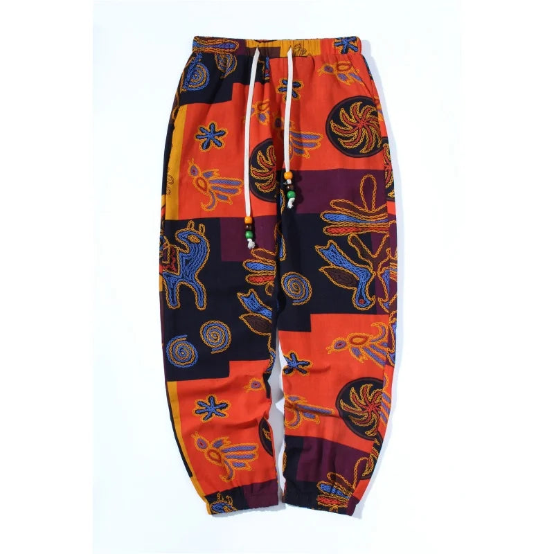 Men's Boho Tribal Print Stretch Linen Pants Cotton Blend Drawstring Light Weight Trousers with Pockets Summer Jogger Pants