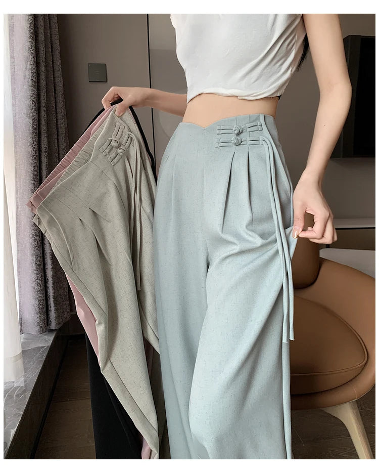 New Linen High Waist Suit Wide Leg Women's Full Pants Spring Summer Female Elegant Minimalism Straight Loose Trousers
