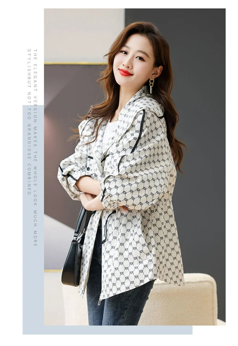 2024 Spring Autumn Korean High-grade Casual Hooded Windbreaker Women Loose Temperament Fashion Print Trench Coat Female Outcoat