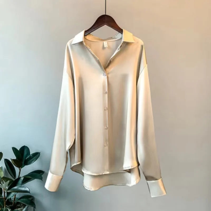 Fashion Button Up Satin Silk Shirt Vintage Blouse Women White Tops Lady Long Sleeves Female Loose Street Shirts