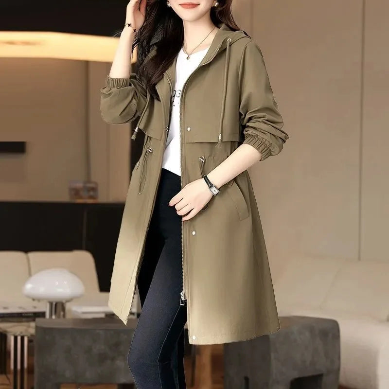 Spring Autumn New Korean Trench Coat Women Fashion Slim Hooded Coats Female Windbreaker Casual Outerwear Overcoat Ladies