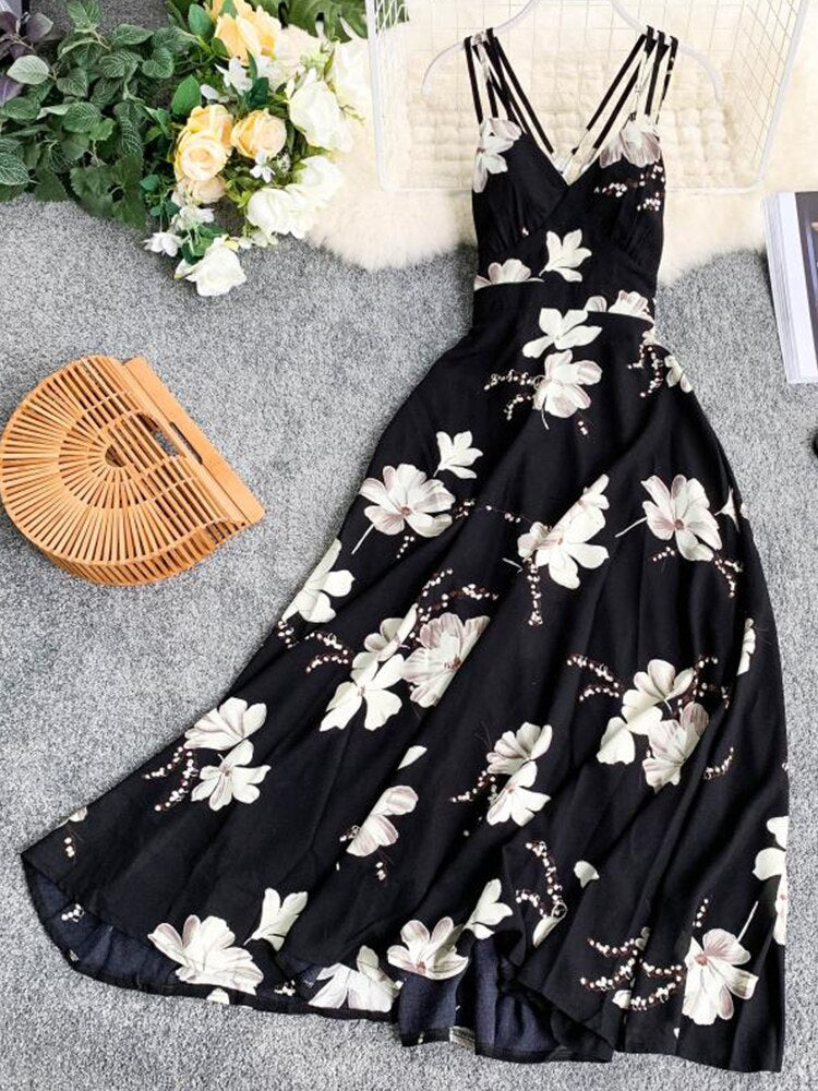 Fitaylor Summer Women Floral Print Long Dress Sexy V-neck Backless Dress Female Elegant Bohemian Party Dress