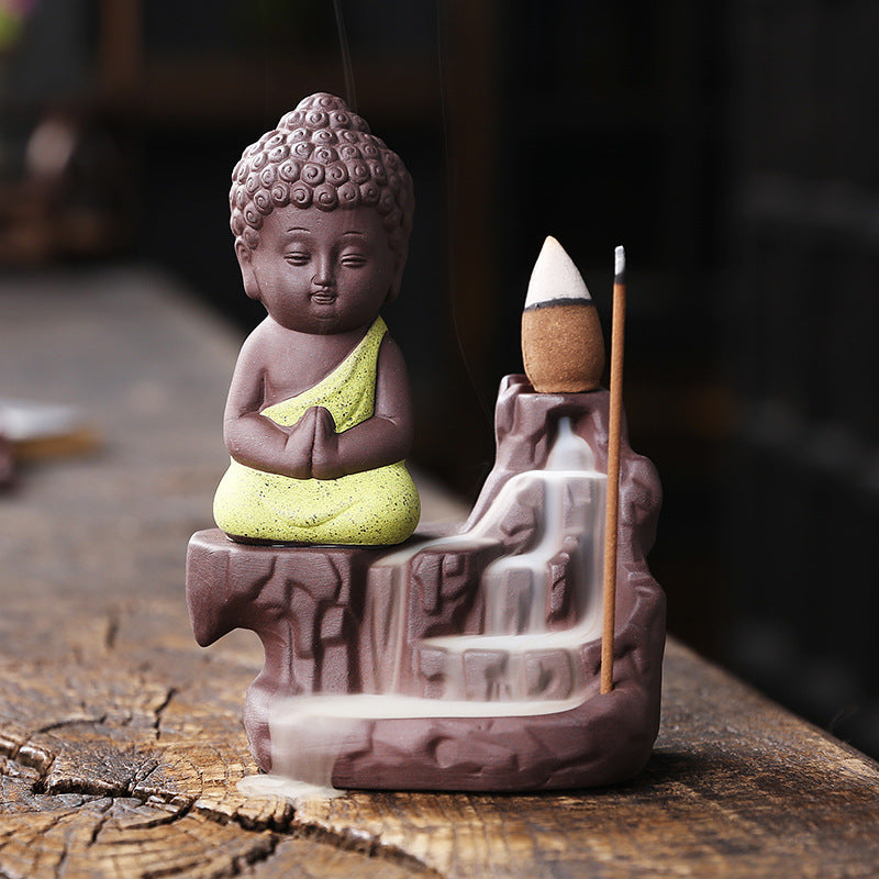 1pc Ceramic Waterfall Incense Burner Cute Monk Backflow Incense Burner Bodhisattva Buddha Burner Home Decor (Without Incense)
