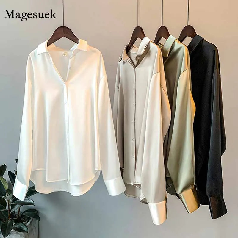 Fashion Button Up Satin Silk Shirt Vintage Blouse Women White Tops Lady Long Sleeves Female Loose Street Shirts