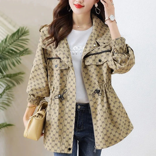 2024 Spring Autumn Korean High-grade Casual Hooded Windbreaker Women Loose Temperament Fashion Print Trench Coat Female Outcoat