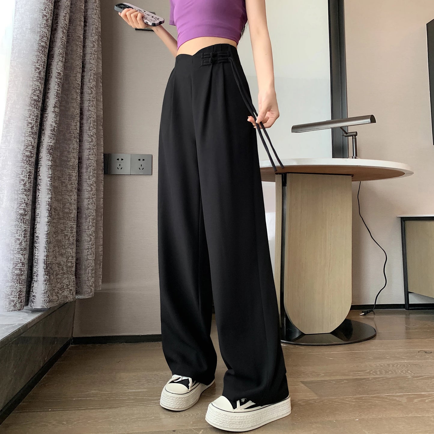 New Linen High Waist Suit Wide Leg Women's Full Pants Spring Summer Female Elegant Minimalism Straight Loose Trousers