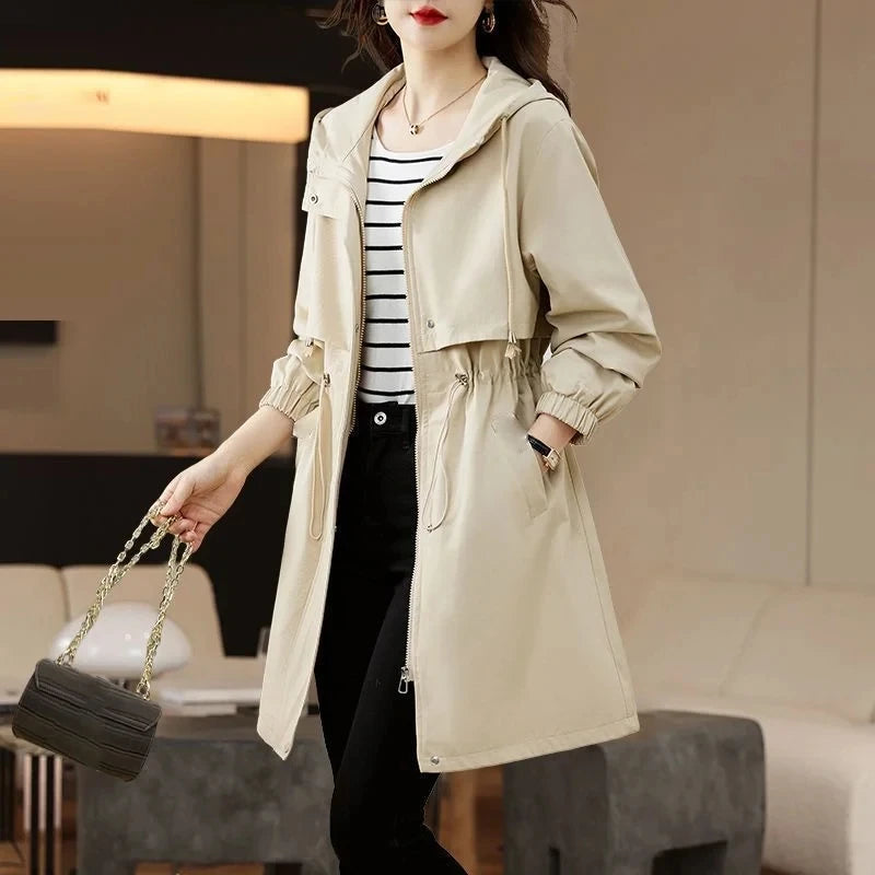 Spring Autumn New Korean Trench Coat Women Fashion Slim Hooded Coats Female Windbreaker Casual Outerwear Overcoat Ladies