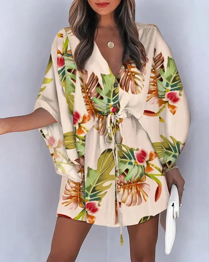 Summer Dress For Women New Floral Print Bat Half-Sleeve V-Neck Ruffle Irregular Hem Female Dress Casual Boho Women Clothes