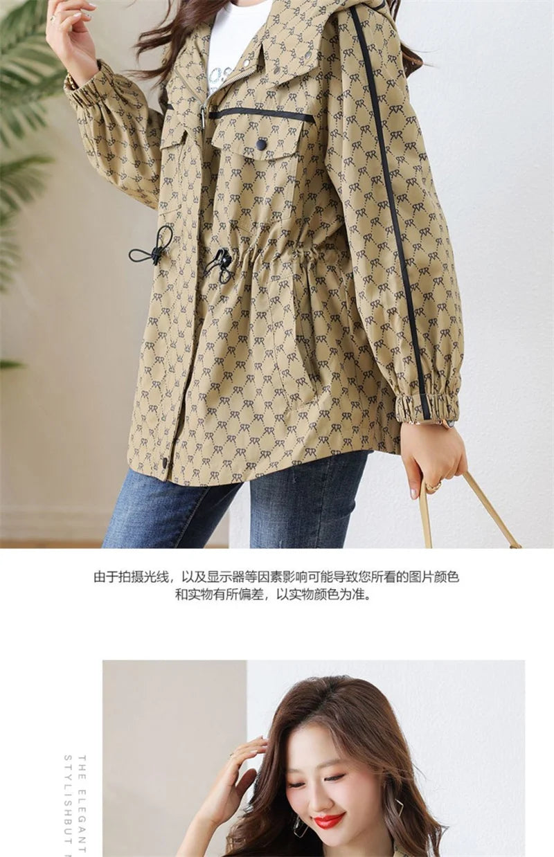 2024 Spring Autumn Korean High-grade Casual Hooded Windbreaker Women Loose Temperament Fashion Print Trench Coat Female Outcoat