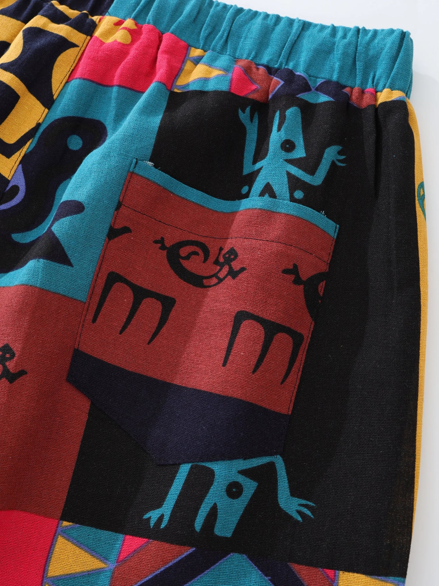 Men's Boho Tribal Print Stretch Linen Pants Cotton Blend Drawstring Light Weight Trousers with Pockets Summer Jogger Pants