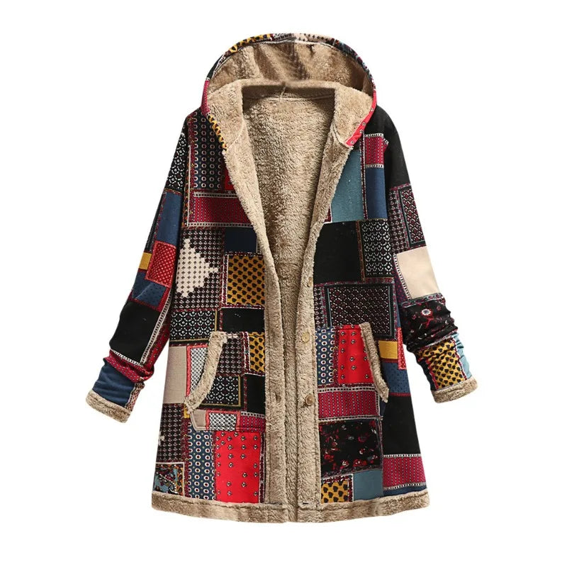 Winter Vintage Women Coat Warm Printing Thick Fleece Hooded Long Jacket with Pocket Outwear Loose Jackets