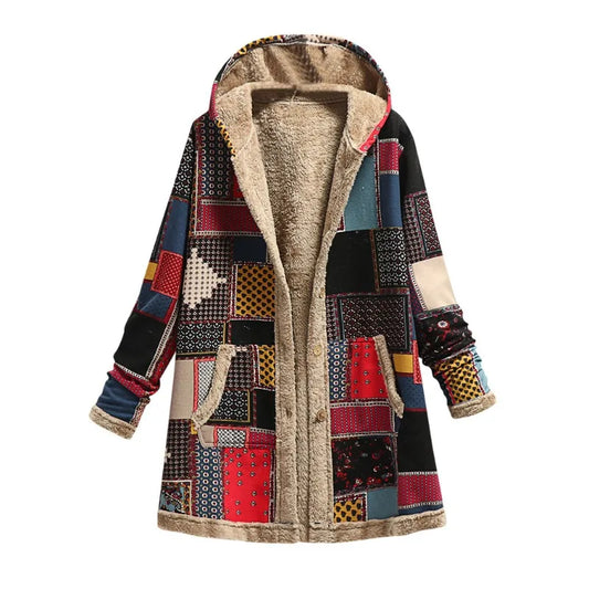 Winter Vintage Women Coat Warm Printing Thick Fleece Hooded Long Jacket with Pocket Outwear Loose Jackets