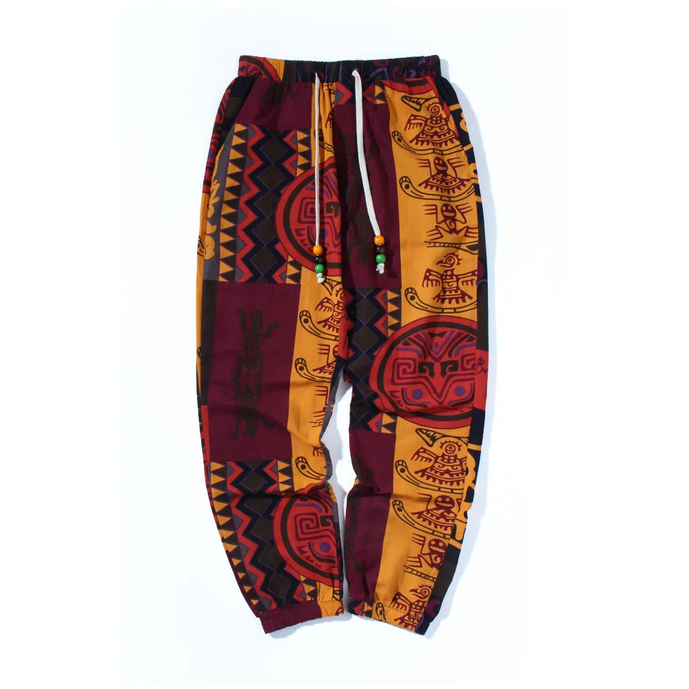 Men's Boho Tribal Print Stretch Linen Pants Cotton Blend Drawstring Light Weight Trousers with Pockets Summer Jogger Pants