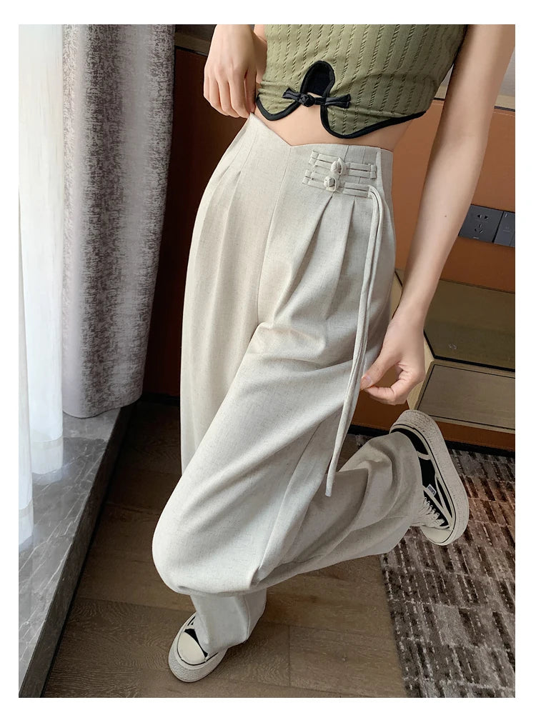 New Linen High Waist Suit Wide Leg Women's Full Pants Spring Summer Female Elegant Minimalism Straight Loose Trousers