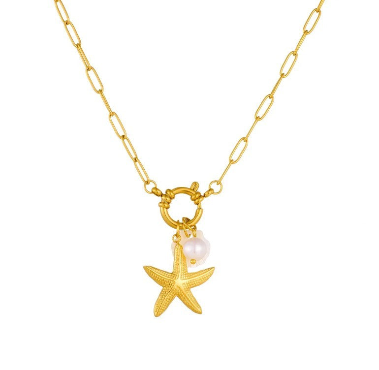 Starfish & Shell Pendant Necklace — Gold Pearl Charm