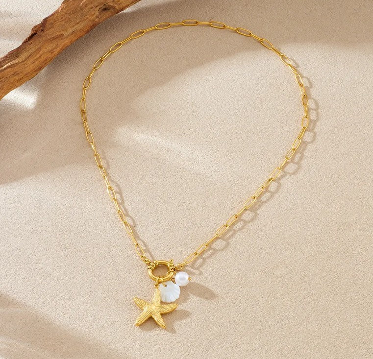 Starfish & Shell Pendant Necklace — Gold Pearl Charm