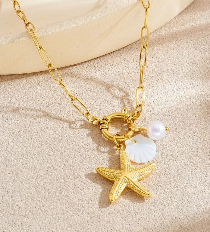 Starfish & Shell Pendant Necklace — Gold Pearl Charm