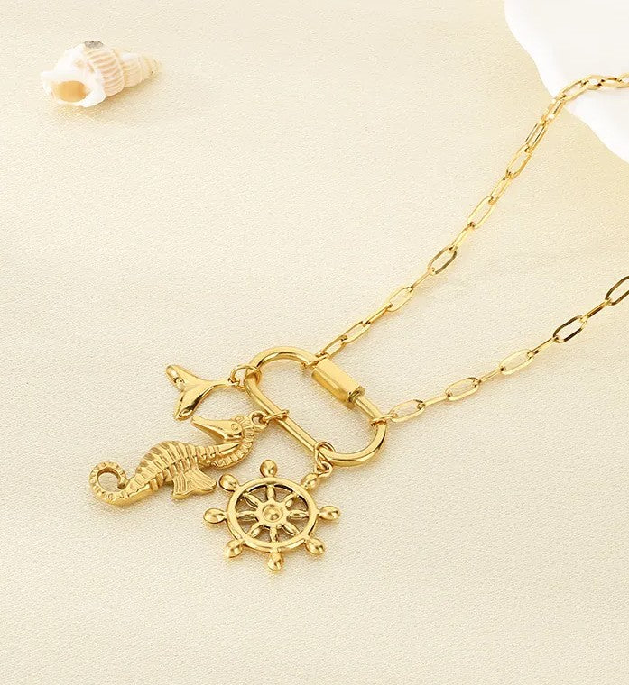 Celestial Ocean Charm Necklace —  Starfish, Moon, Seahorse, Pentagram, Ship Wheel
