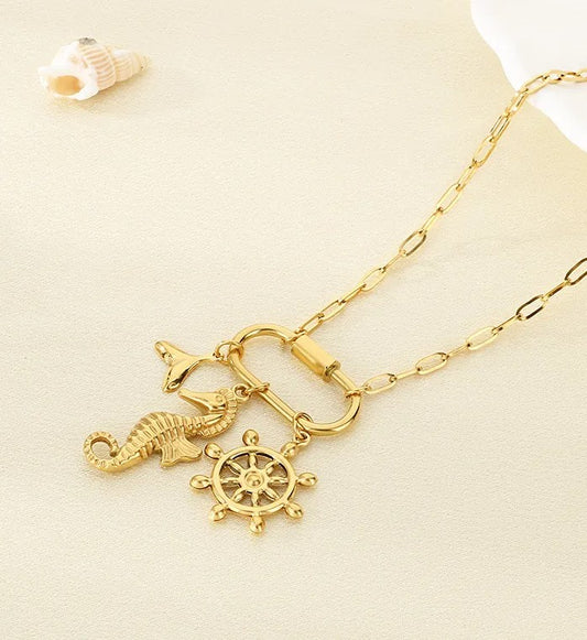Celestial Ocean Charm Necklace —  Starfish, Moon, Seahorse, Pentagram, Ship Wheel
