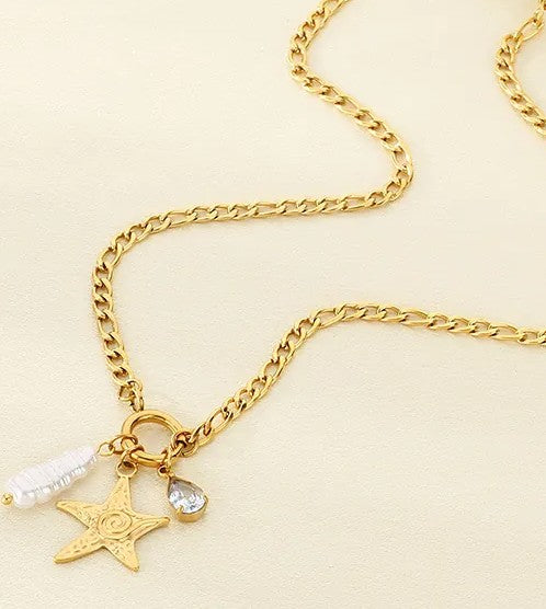 Celestial Ocean Charm Necklace — Starfish & Pearl