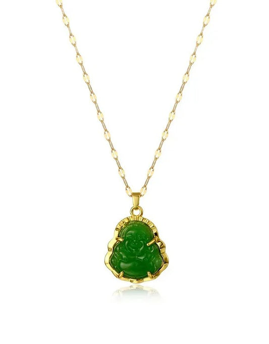 Laughing Buddha Pendant Necklace — Gold & Jade