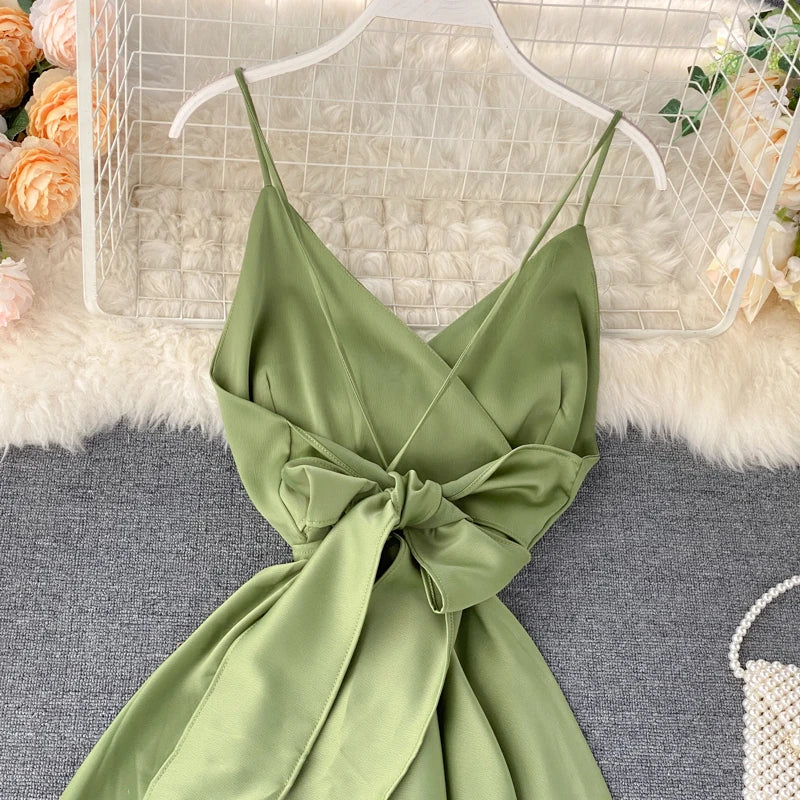 Elegant Sexy Backless High Waist Pleated Slip Dress Fairy A-line Summer Beach Vacation Vestidos Slim Women Evening Party Dress