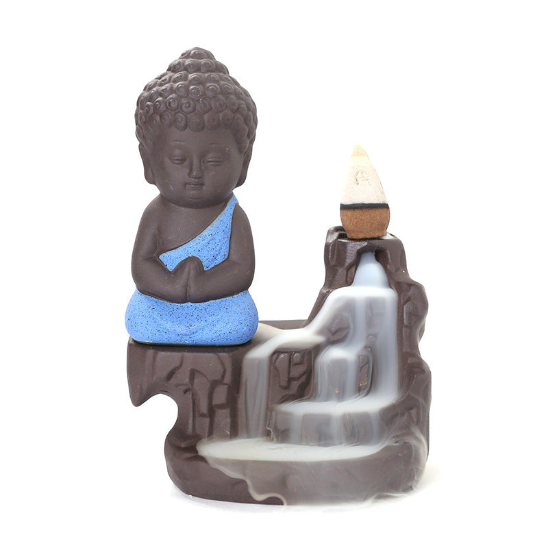 1pc Ceramic Waterfall Incense Burner Cute Monk Backflow Incense Burner Bodhisattva Buddha Burner Home Decor (Without Incense)