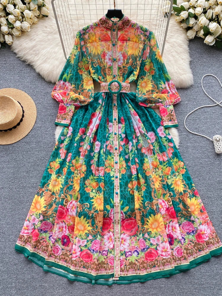 Chic Elegant Print Patchwork Long Sleeves Dress Women Single Breasted High Waist Vacation Party Dress Female French Autumn New