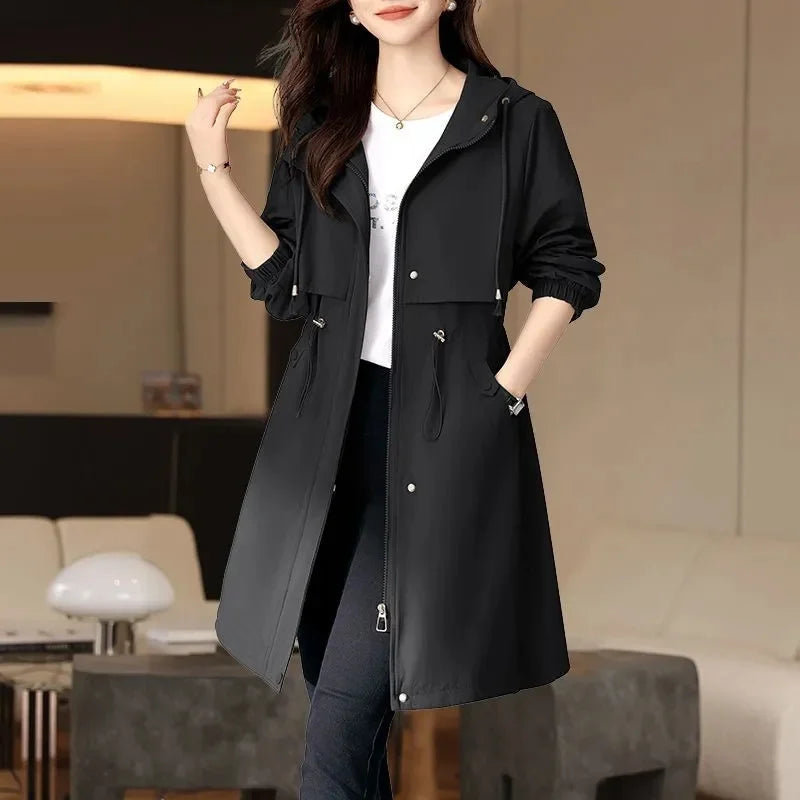 Spring Autumn New Korean Trench Coat Women Fashion Slim Hooded Coats Female Windbreaker Casual Outerwear Overcoat Ladies