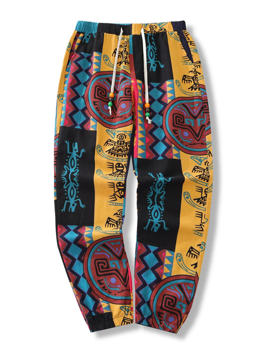 Men's Boho Tribal Print Stretch Linen Pants Cotton Blend Drawstring Light Weight Trousers with Pockets Summer Jogger Pants