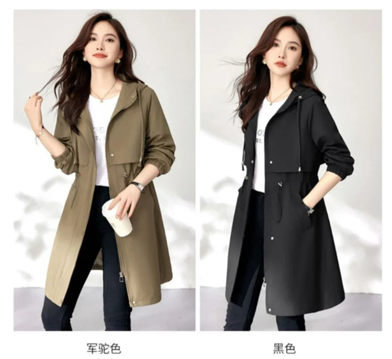 Spring Autumn New Korean Trench Coat Women Fashion Slim Hooded Coats Female Windbreaker Casual Outerwear Overcoat Ladies